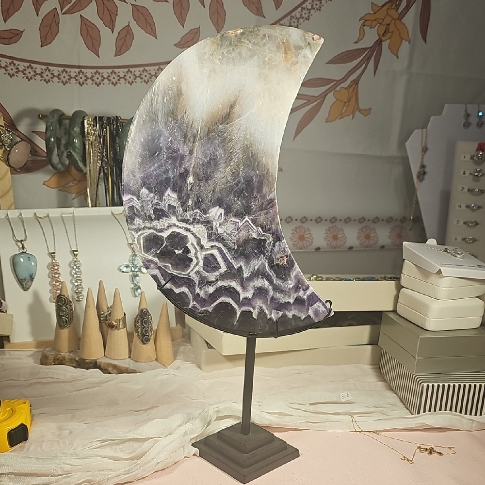 Handcrafted Amethyst Moon Sculpture on Stand - Purple and White